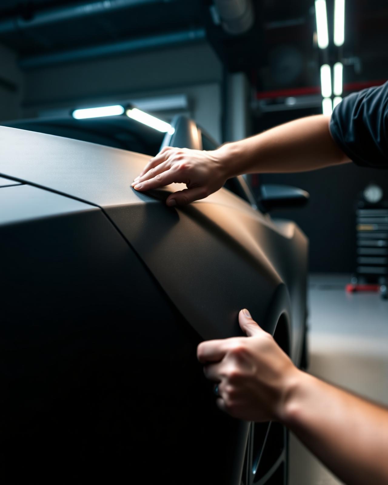 Matte black vehicle wrap installation